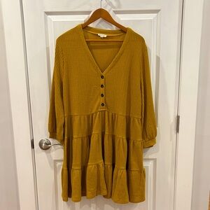 Main Strip Mustard Long Sleeve Tiered Dress